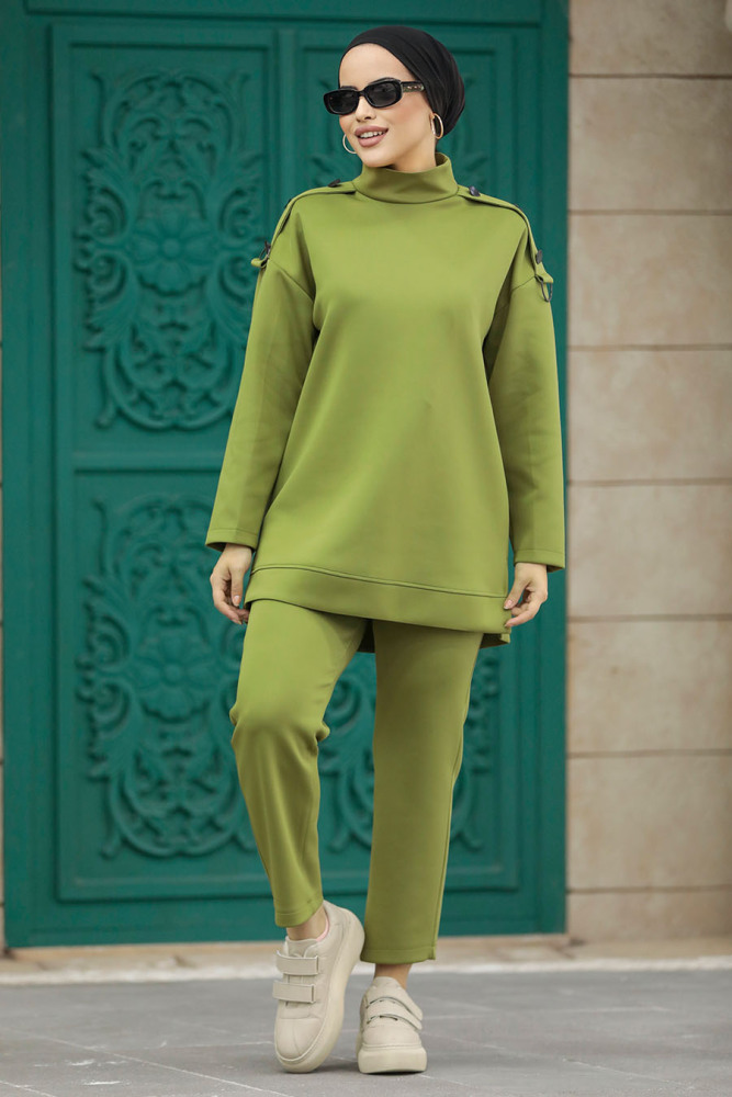 Neva Style - Boğazlı Yağ Yeşili Tesettür İkili Takım 7126YY - 2