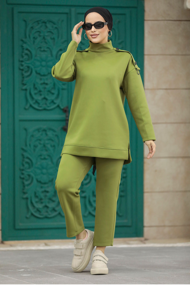 Neva Style - Boğazlı Yağ Yeşili Tesettür İkili Takım 7126YY - 3