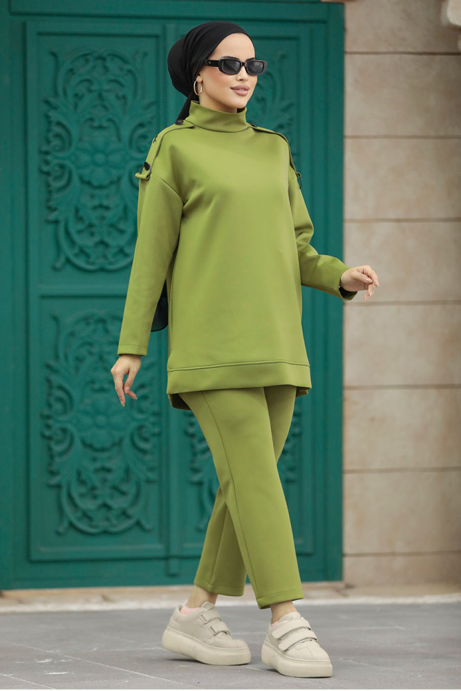 Neva Style - Boğazlı Yağ Yeşili Tesettür İkili Takım 7126YY - 1