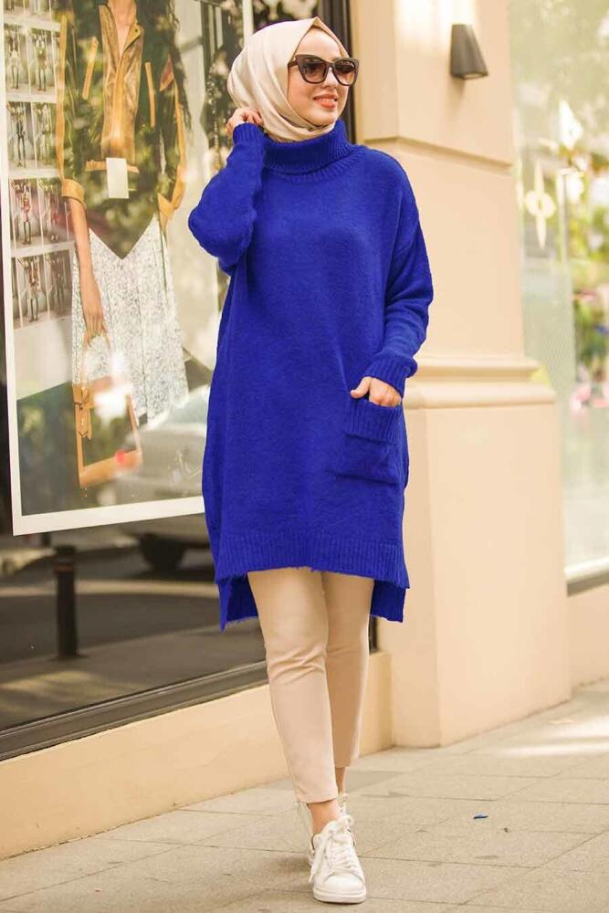 Neva Style - Boğazlı Yaka Cepli Sax Mavisi Tesettür Kazak 15679SX - 1