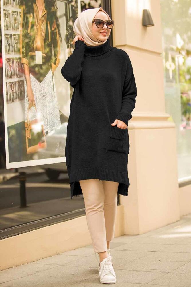 Neva Style - Boğazlı Yaka Cepli Siyah Tesettür Kazak 15679S - 1