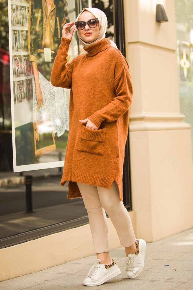 Neva Style - Boğazlı Yaka Cepli Taba Tesettür Kazak 15679TB - 2