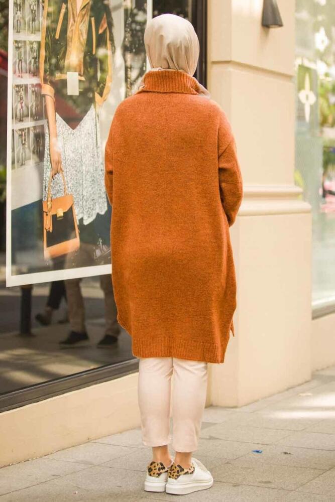 Neva Style - Boğazlı Yaka Cepli Taba Tesettür Kazak 15679TB - 3