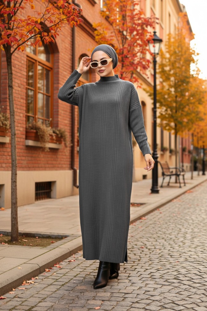 Neva Style - Boğazlı Yaka Füme Tesettür Triko Elbise 34150FU - 1