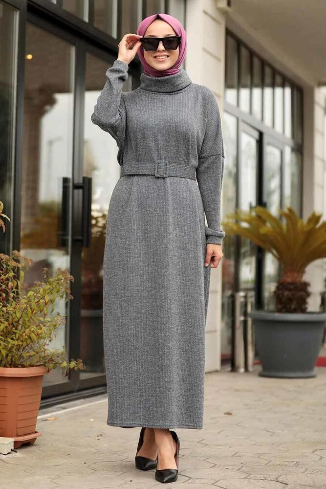 Neva Style - Boğazlı Yaka Gri Tesettür Elbise 12070GR - 1