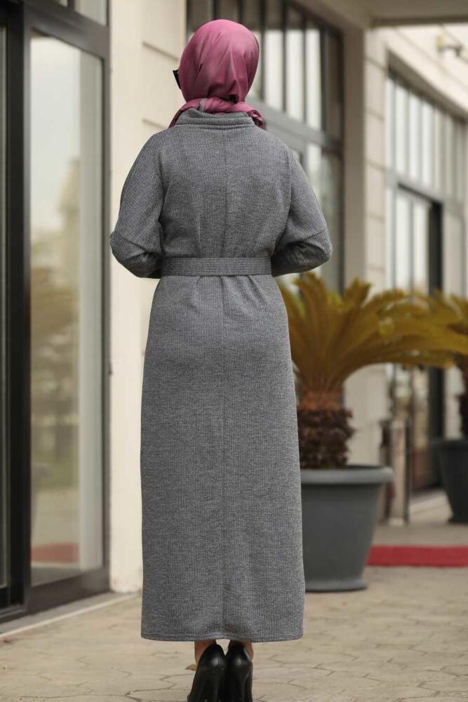Neva Style - Boğazlı Yaka Gri Tesettür Elbise 12070GR - 2