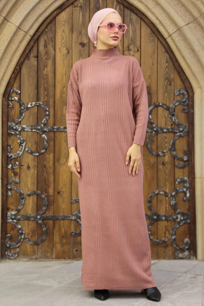 Neva Style - Boğazlı Yaka Gül Kurusu Tesettür Triko Elbise 34150GK - 3
