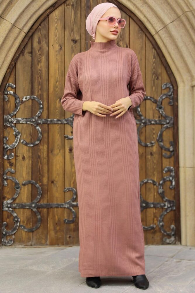 Neva Style - Boğazlı Yaka Gül Kurusu Tesettür Triko Elbise 34150GK - 1