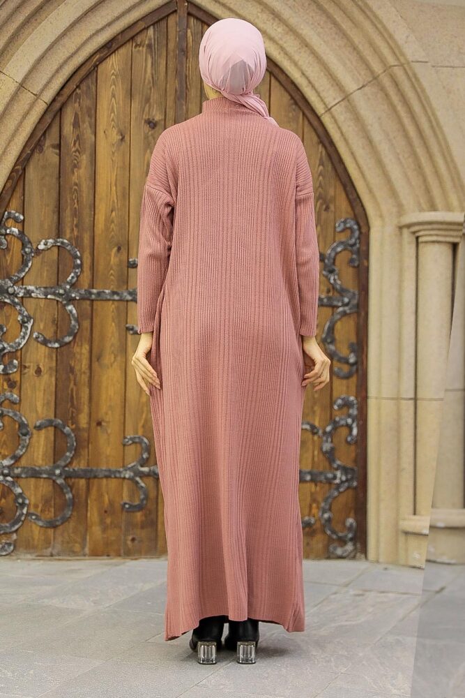 Neva Style - Boğazlı Yaka Gül Kurusu Tesettür Triko Elbise 34150GK - 4