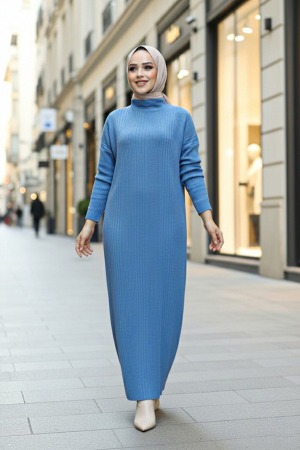 Neva Style - Boğazlı Yaka İndigo Blue Tesettür Triko Elbise 34150IM - 1