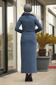 Neva Style - Boğazlı Yaka İndigo Mavisi Tesettür Elbise 12076IM - Thumbnail