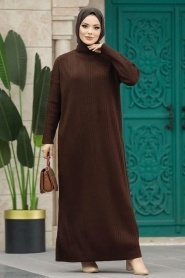 Neva Style - Boğazlı Yaka Kahverengi Tesettür Triko Elbise 34150KH - Thumbnail