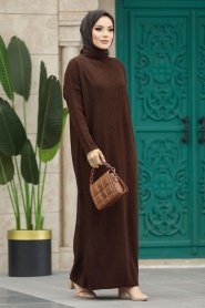 Neva Style - Boğazlı Yaka Kahverengi Tesettür Triko Elbise 34150KH - Thumbnail