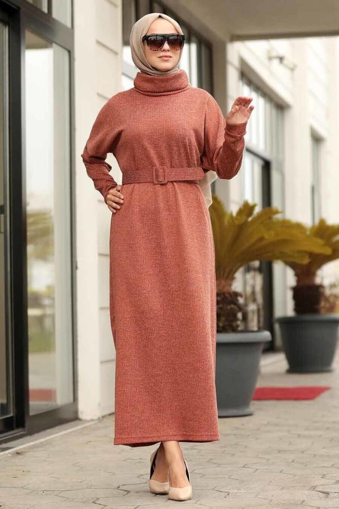 Neva Style - Boğazlı Yaka Kiremit Tesettür Elbise 12070KRMT - 1