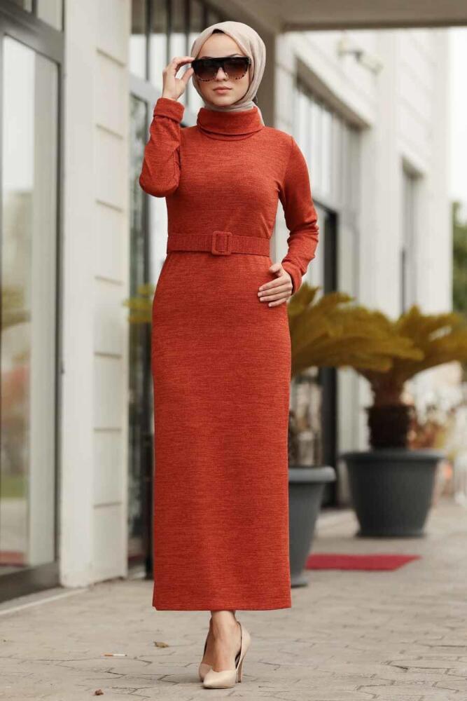 Neva Style - Boğazlı Yaka Kiremit Tesettür Elbise 12076KRMT - 1