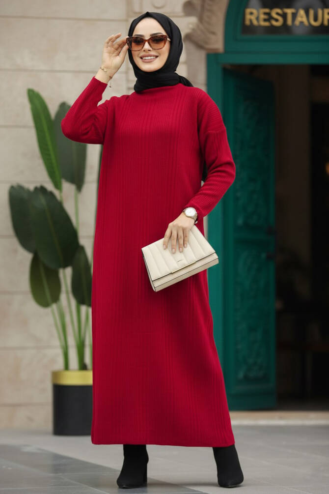  Boğazlı Yaka Kırmızı Tesettür Triko Elbise 34150K - 1