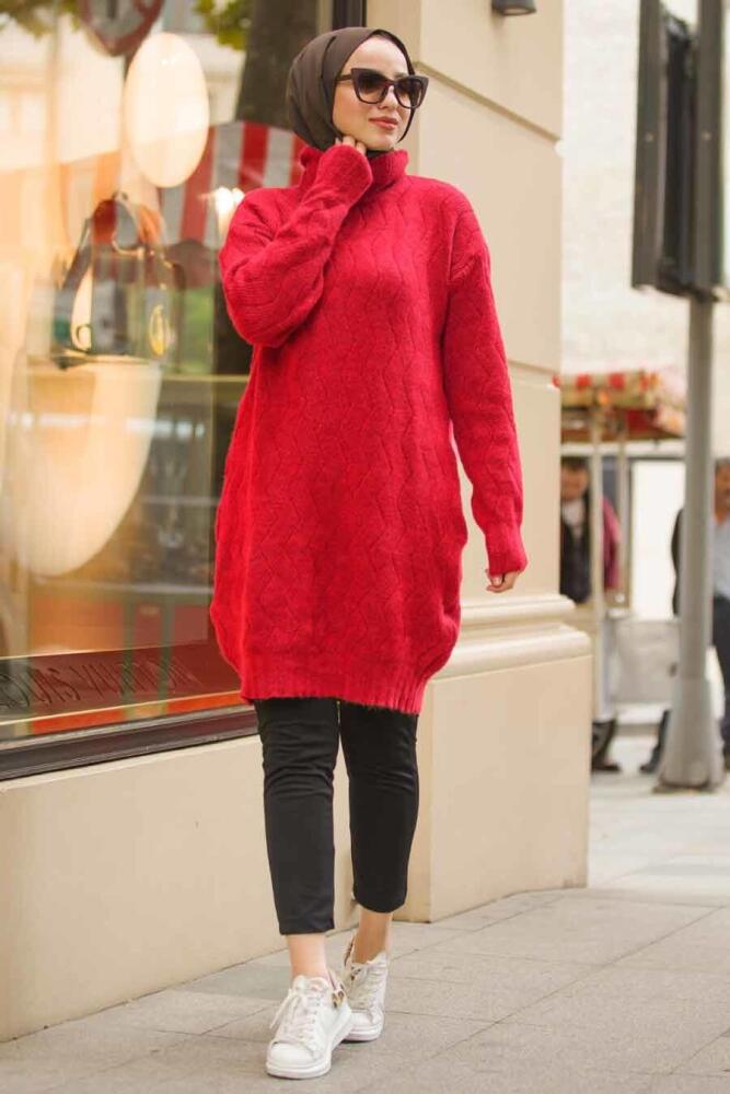 Neva Style - Boğazlı Yaka Kırmızı Tesettür Triko Tunik 15682K - 1