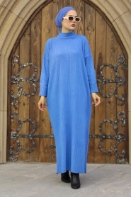 Neva Style - Boğazlı Yaka Mavi Tesettür Triko Elbise 34150M - Thumbnail