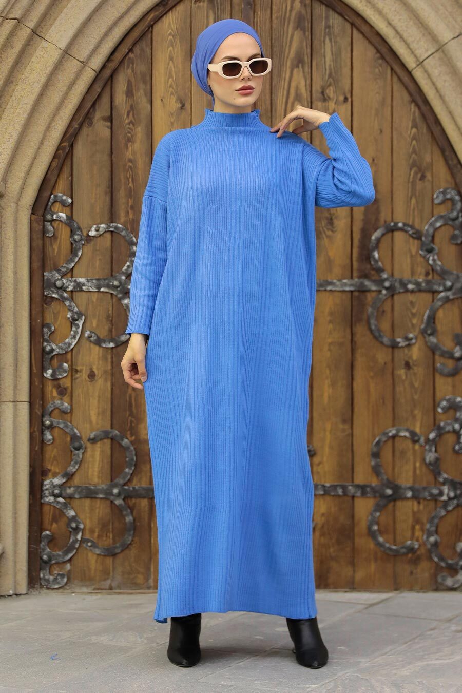 Neva Style - Boğazlı Yaka Mavi Tesettür Triko Elbise 34150M