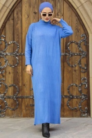 Neva Style - Boğazlı Yaka Mavi Tesettür Triko Elbise 34150M - Thumbnail