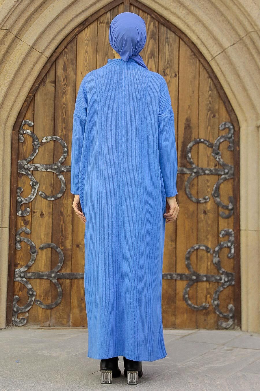 Neva Style - Boğazlı Yaka Mavi Tesettür Triko Elbise 34150M