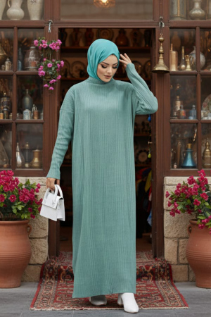  Boğazlı Yaka Mint Tesettür Triko Elbise 34150MINT - NEVA STYLE