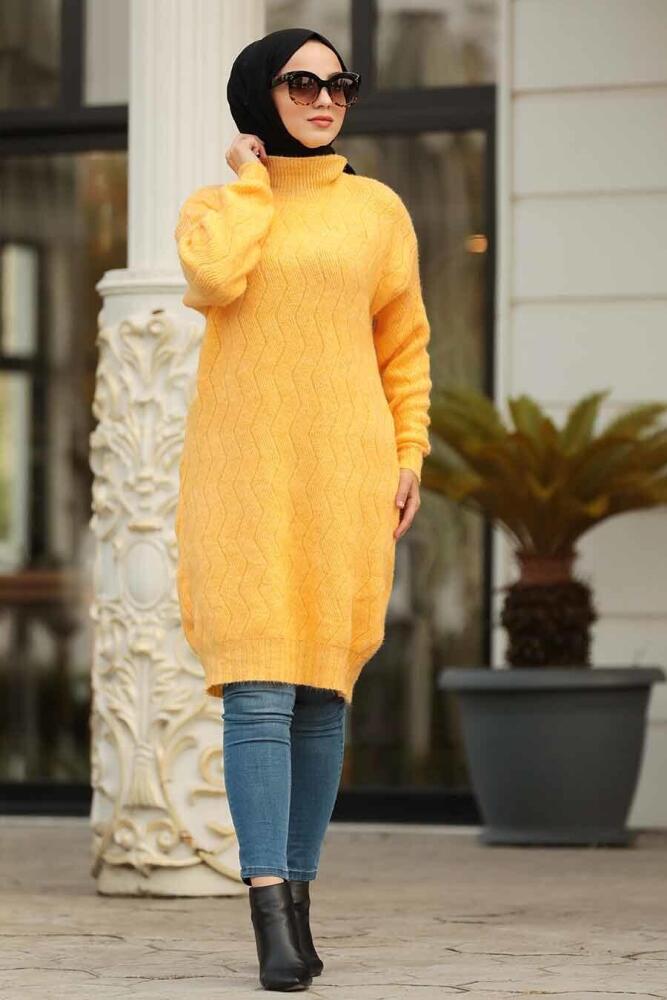 Neva Style - Boğazlı Yaka Sarı Tesettür Triko Tunik 15682SR - 1