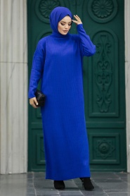 Neva Style - Boğazlı Yaka Sax Mavisi Tesettür Triko Elbise 34150SX - Thumbnail