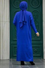 Neva Style - Boğazlı Yaka Sax Mavisi Tesettür Triko Elbise 34150SX - Thumbnail