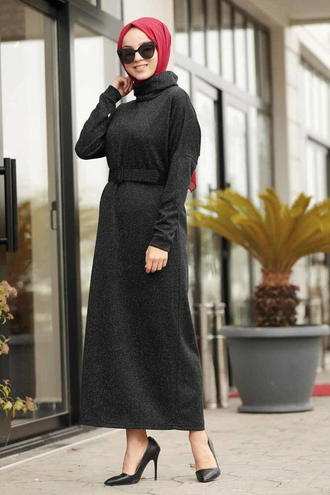 Neva Style - Boğazlı Yaka Siyah Tesettür Elbise 12070S - 1
