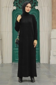 Neva Style - Boğazlı Yaka Siyah Tesettür Triko Elbise 34150S - Thumbnail