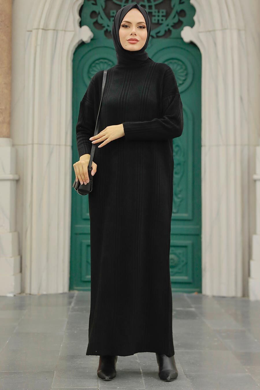 Neva Style - Boğazlı Yaka Siyah Tesettür Triko Elbise 34150S