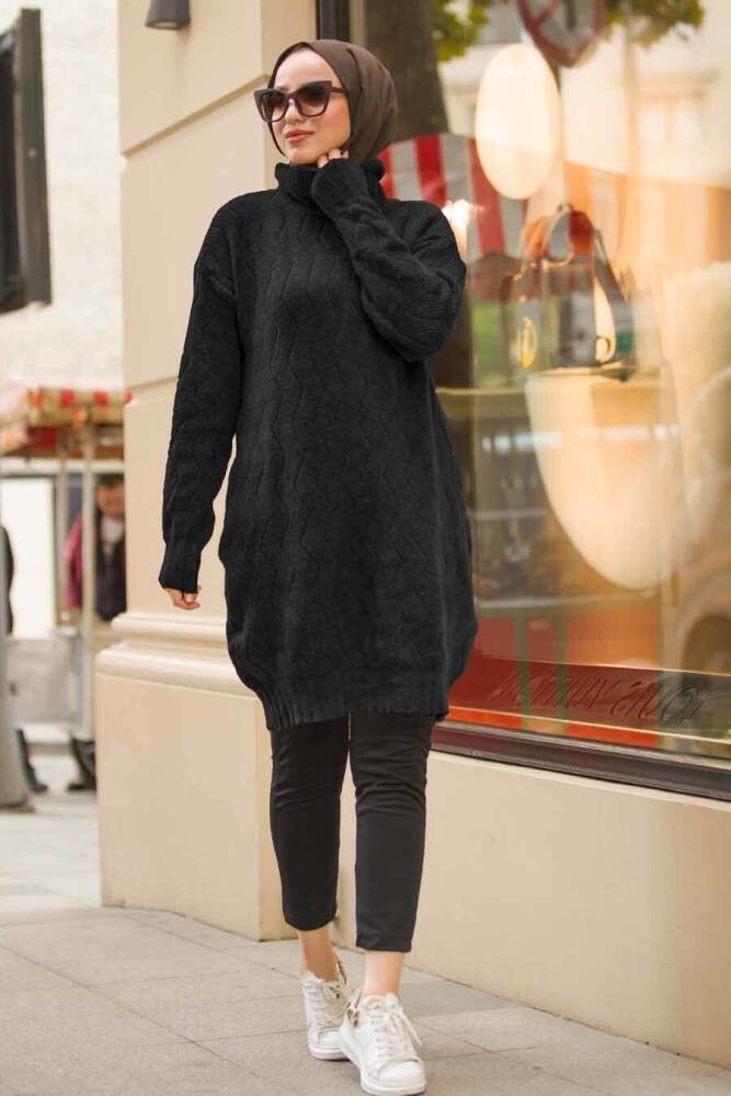 Neva Style - Boğazlı Yaka Siyah Tesettür Triko Tunik 15682S - 1