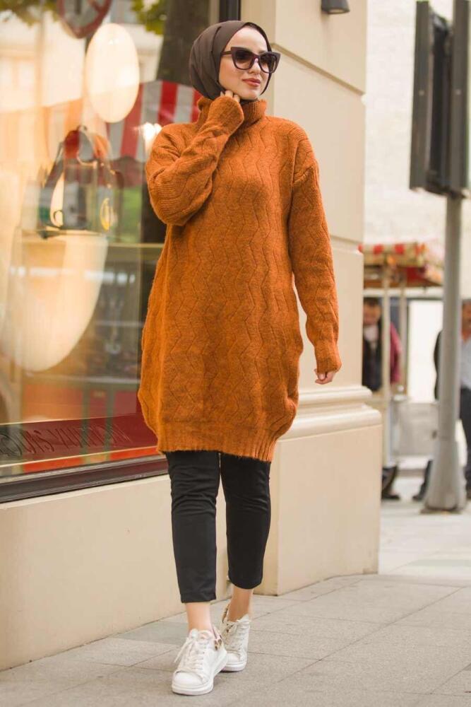 Neva Style - Boğazlı Yaka Taba Tesettür Triko Tunik 15682TB - 1