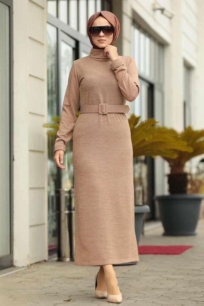 Neva Style - Boğazlı Yaka Vizon Tesettür Elbise 12076V - 1