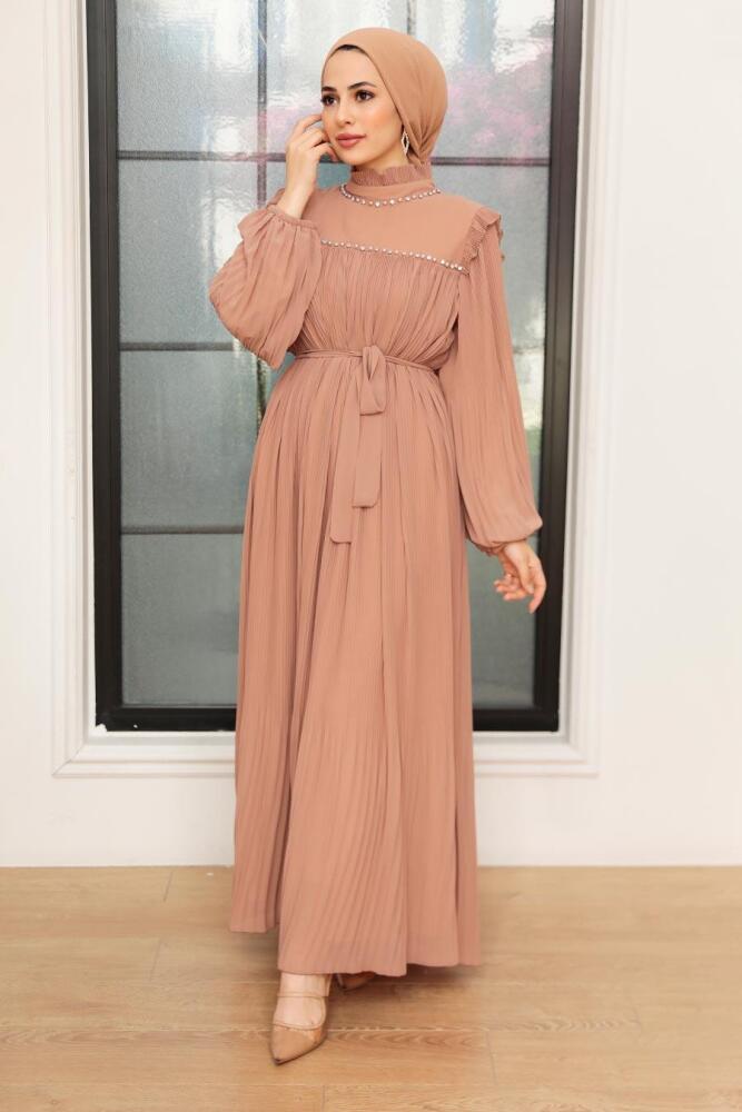 Neva Style - Boğazlı Yaka Vizon Tesettür Elbise 24510V - NEVA STYLE