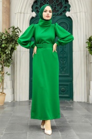 Neva Style - Boğazlı Yaka Yeşil Tesettür Elbise 17861Y - Thumbnail