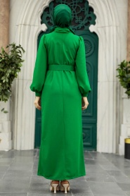 Neva Style - Boğazlı Yaka Yeşil Tesettür Elbise 17861Y - Thumbnail