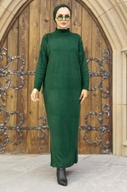 Neva Style - Boğazlı Yaka Zümrüt Yeşili Tesettür Triko Elbise 34150ZY - Thumbnail