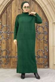 Neva Style - Boğazlı Yaka Zümrüt Yeşili Tesettür Triko Elbise 34150ZY - Thumbnail