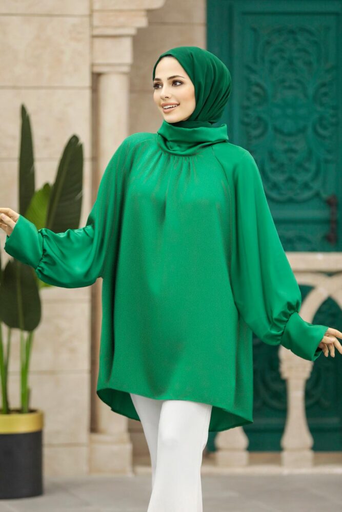 Neva Style - Boğazlı Yeşil Tesettür Gömlek 5894Y - 2