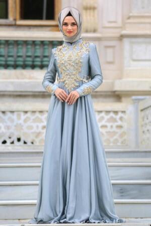 Neva Style - Boncuk Dantelli Gri Tesettür Abiye Elbise 3502GR - 1