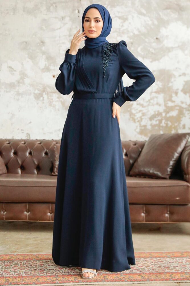 Neva Style - Boncuk Detaylı Lacivert Tesettür Elbise 37351L - 2
