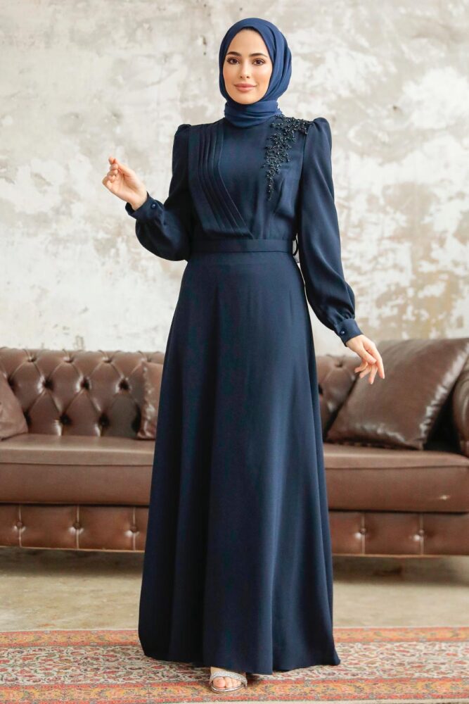 Neva Style - Boncuk Detaylı Lacivert Tesettür Elbise 37351L - 1