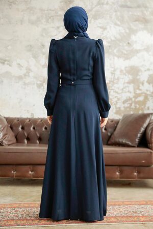 Neva Style - Boncuk Detaylı Lacivert Tesettür Elbise 37351L - 3