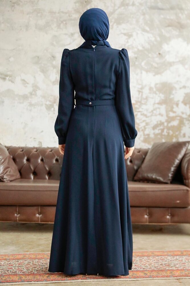 Neva Style - Boncuk Detaylı Lacivert Tesettür Elbise 37351L - 3