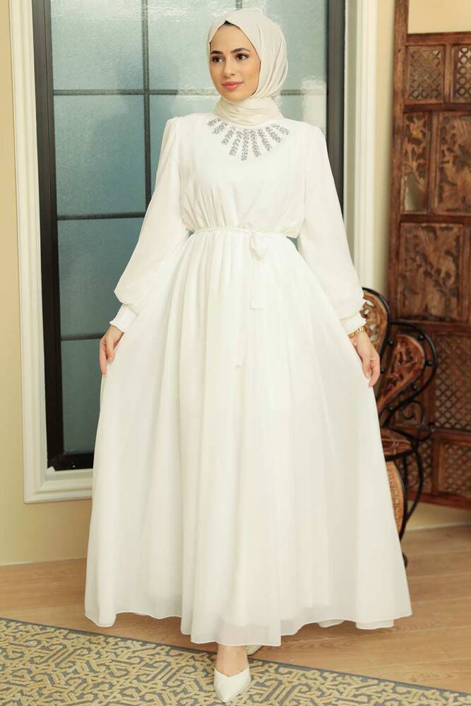 Neva Style - Boncuk Detaylı Beyaz Tesettür Elbise 10411B - 1