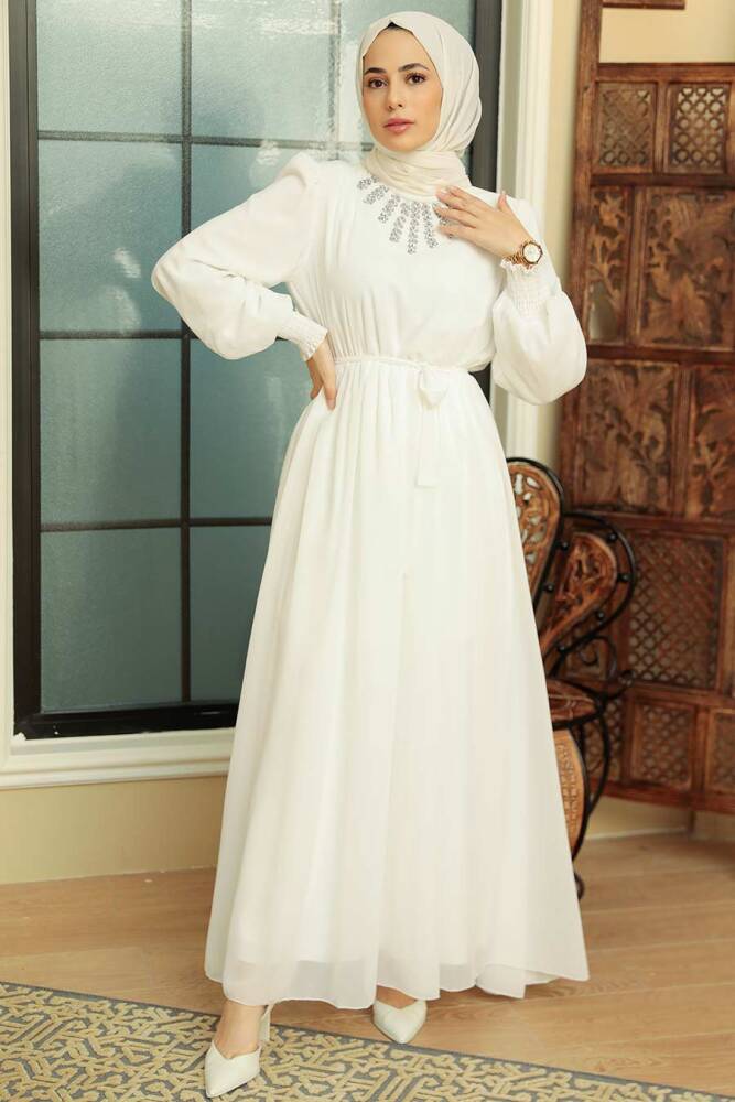 Neva Style - Boncuk Detaylı Beyaz Tesettür Elbise 10411B - 2