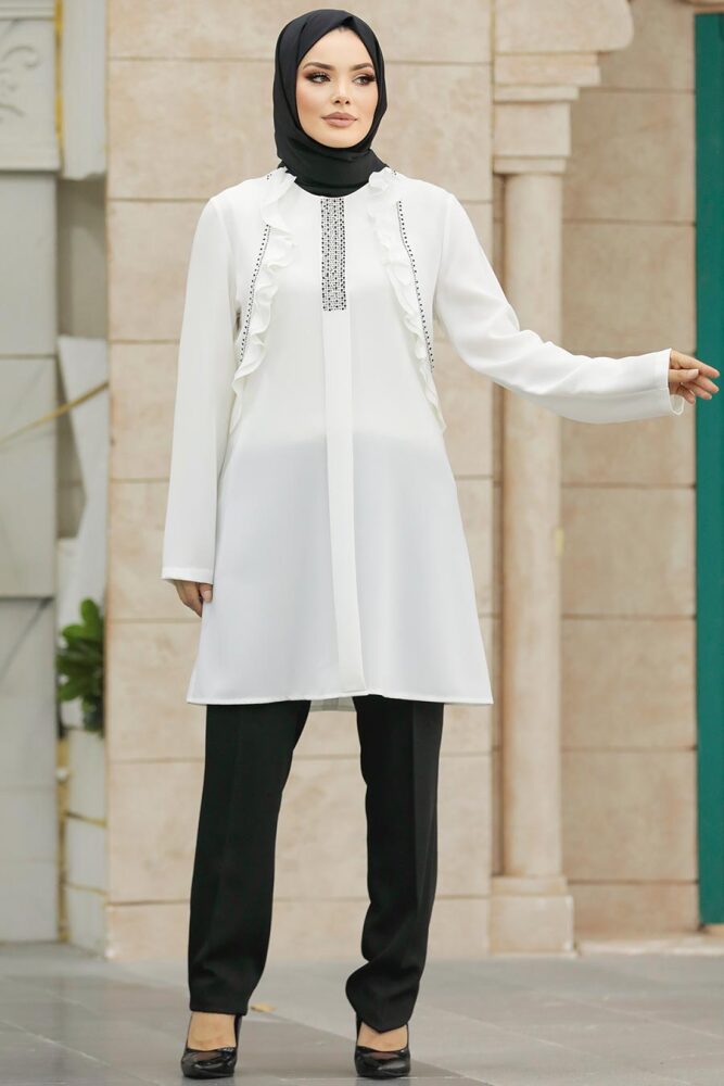 Neva Style - Boncuk Detaylı Beyaz Tesettür İkili Takım 34022B - 2