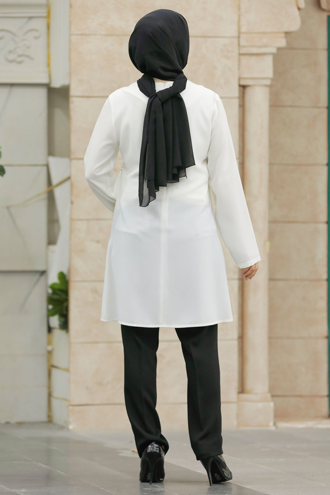 Neva Style - Boncuk Detaylı Beyaz Tesettür İkili Takım 34022B - 3